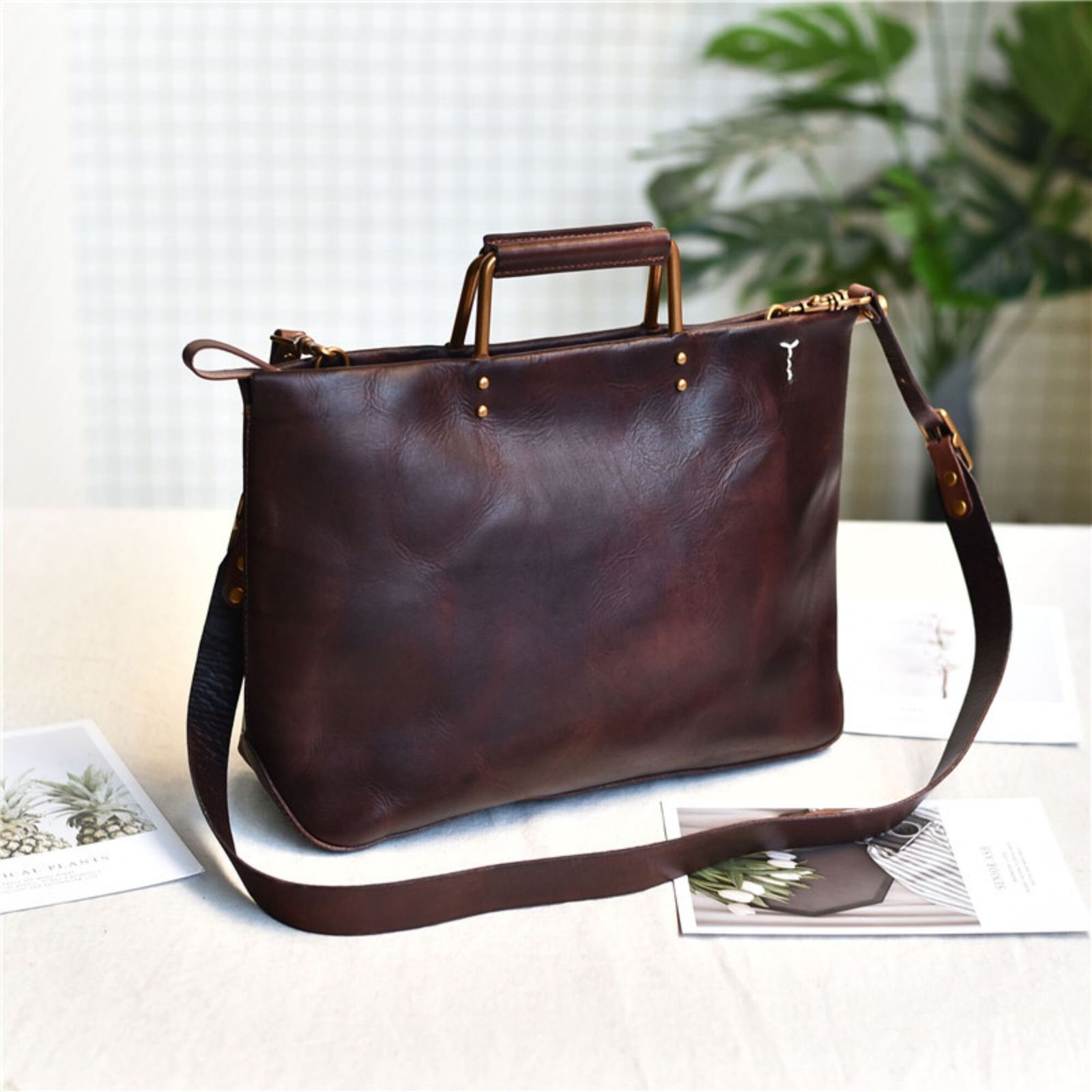 il_fullxfull.6055545974_it59 Retro handmade natural genuine leather handbags with metal handles simple personality handbags cowhide shoulder messenger bag - Image 7