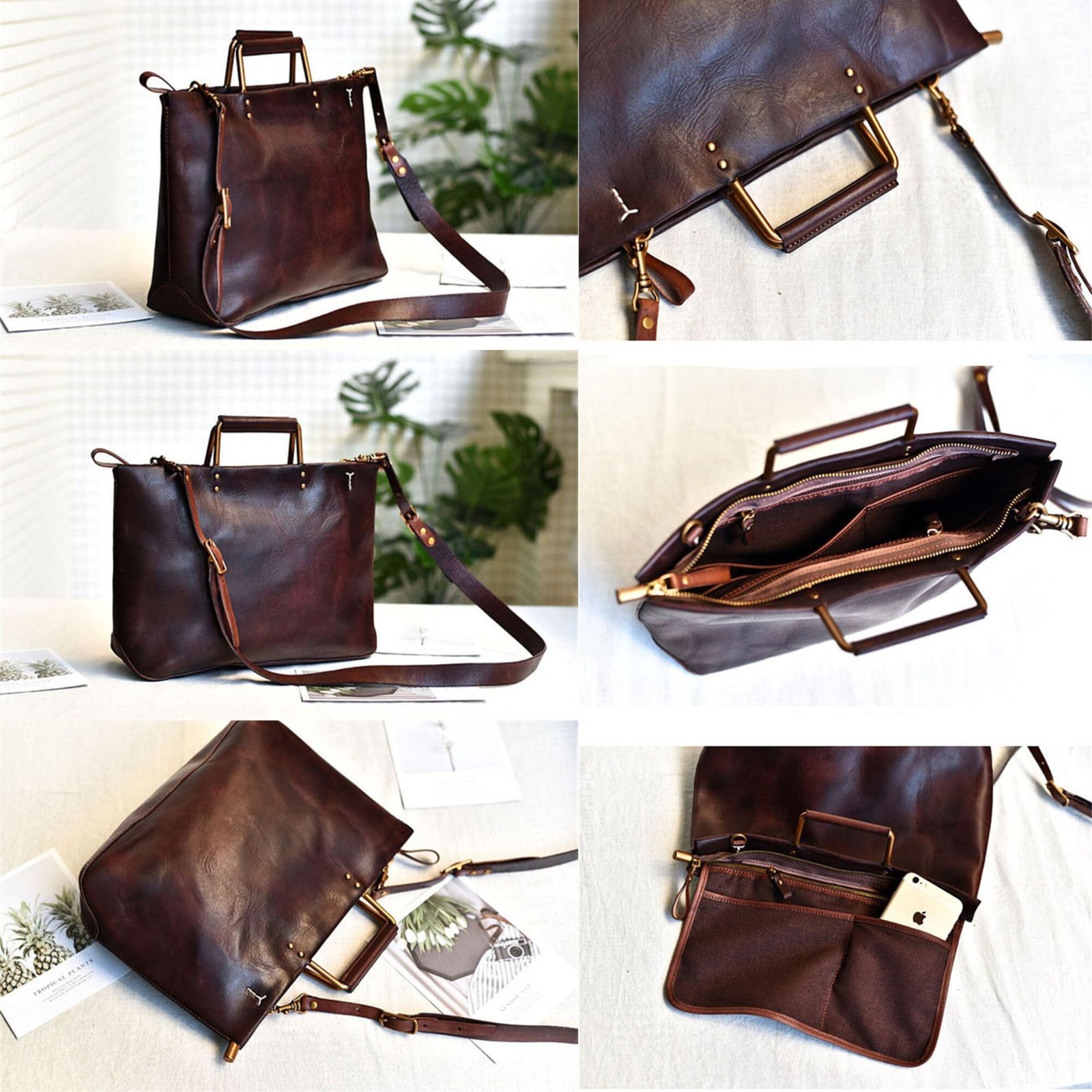 il_fullxfull.6055546224_ob1w Retro handmade natural genuine leather handbags with metal handles simple personality handbags cowhide shoulder messenger bag - Image 8