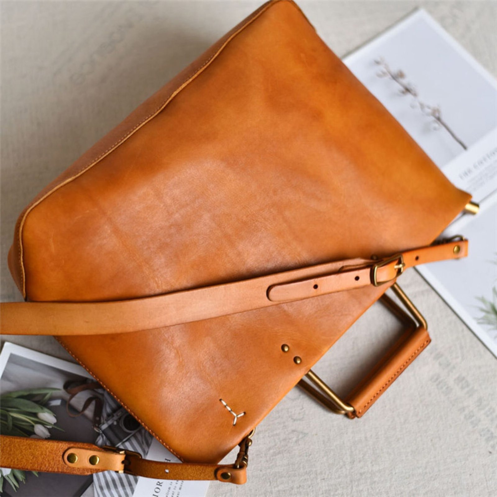 il_fullxfull.6103603759_1nuq Retro handmade natural genuine leather handbags with metal handles simple personality handbags cowhide shoulder messenger bag - Image 9