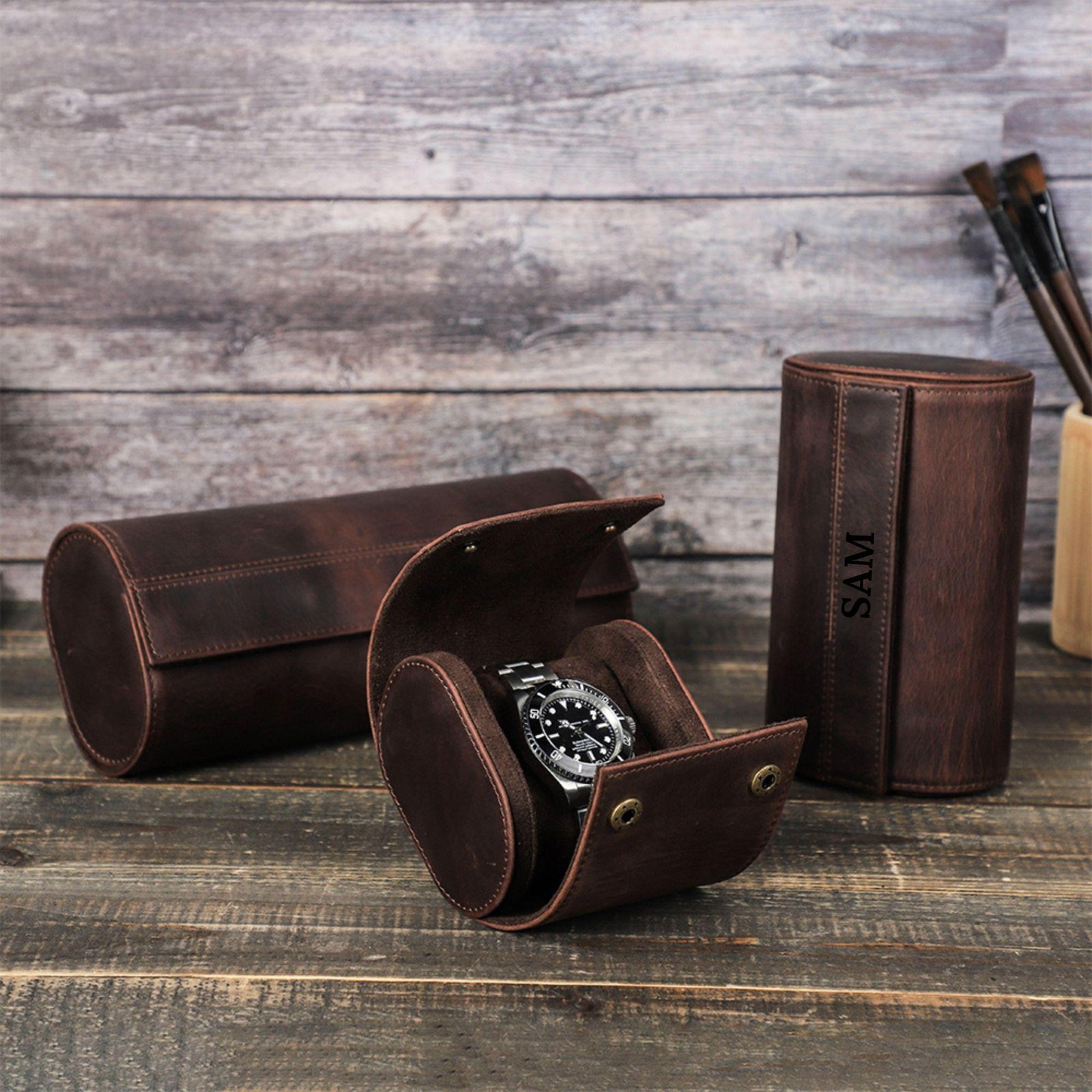 il_fullxfull.6405059482_8g9p CONTACT'S FAMILY Vintage Genuine Leather 2 Slots Watches Case Travel Portable Watch Holder Display Organizer with Metal Buttons - Image 2