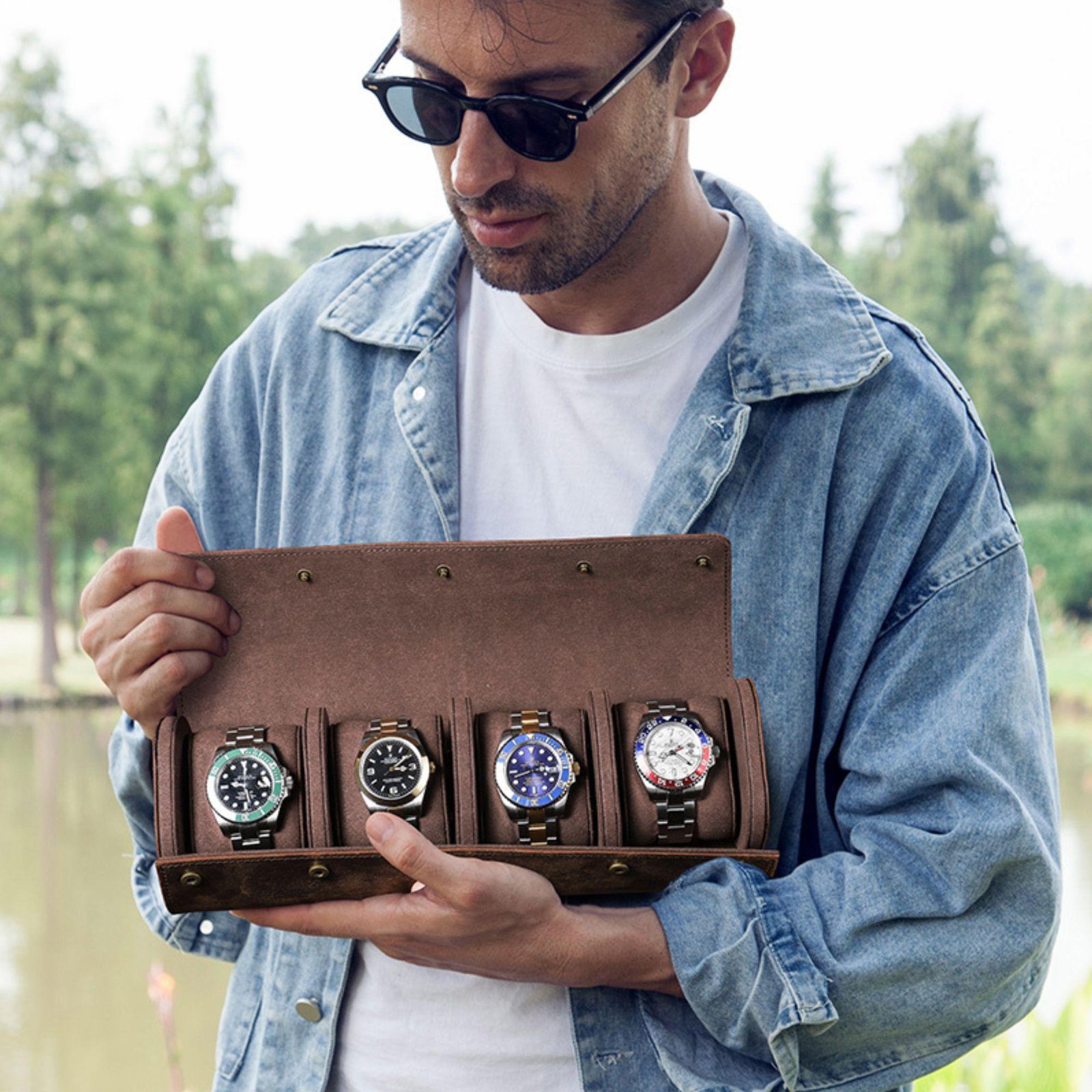 il_fullxfull.6405059688_orp3 CONTACT'S FAMILY Vintage Genuine Leather 2 Slots Watches Case Travel Portable Watch Holder Display Organizer with Metal Buttons - Image 4