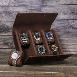 CONTACT'S FAMILY Vintage Genuine Leather 2 Slots Watches Case Travel Portable Watch Holder Display Organizer with Metal Buttons