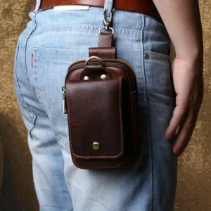 NZPJ Genuine Leather Men's Waist Bag Top Layer Cowhide Fashion Hook Bag Leisure Belt Bag Cigarette Box 6.5-inch Mobile Phone Bag