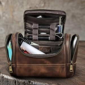 Men Genuine Leather Travel Business Toiletry Shaving Bag Women Retro Cosmetic Washing Shower Organizer Handbag Large Capacity