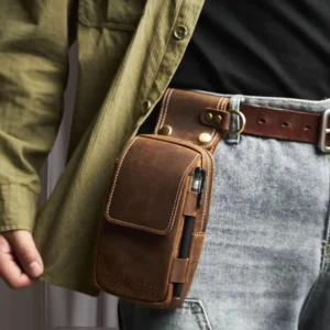 NUPUGOO Genuine Leather Waist Bag Men's Vintage Cell Phone Bag Mini Bag Wear Leather Strap With Pen Holder