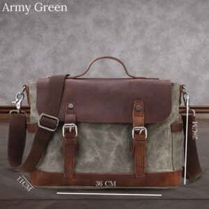 Vintage Men Briefcase Business Messenger Bag Waxed Canvas Office Crossbody Shoulder Bag with Genuine Leather Trims