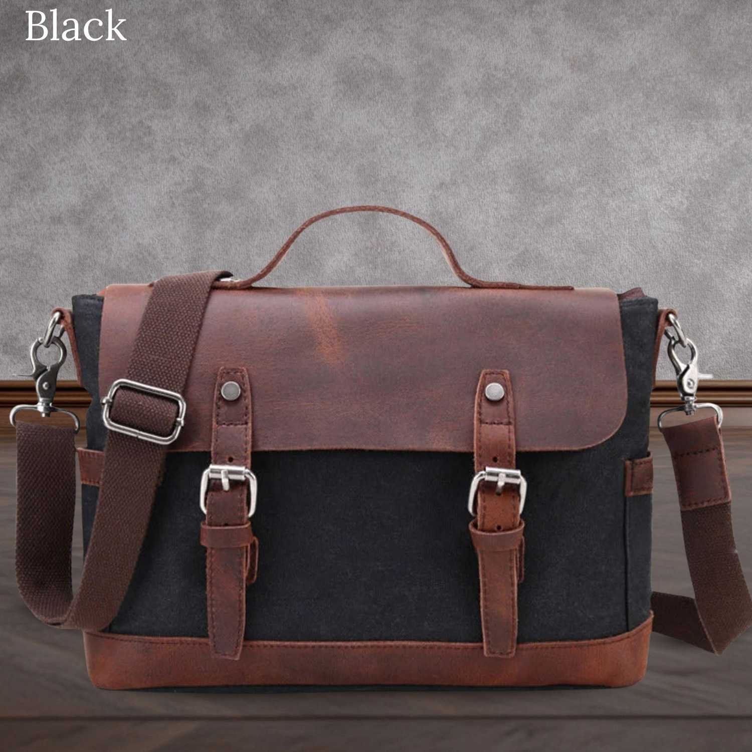 il_fullxfull.7206230891_3ung Vintage Men Briefcase Business Messenger Bag Waxed Canvas Office Crossbody Shoulder Bag with Genuine Leather Trims - Image 6