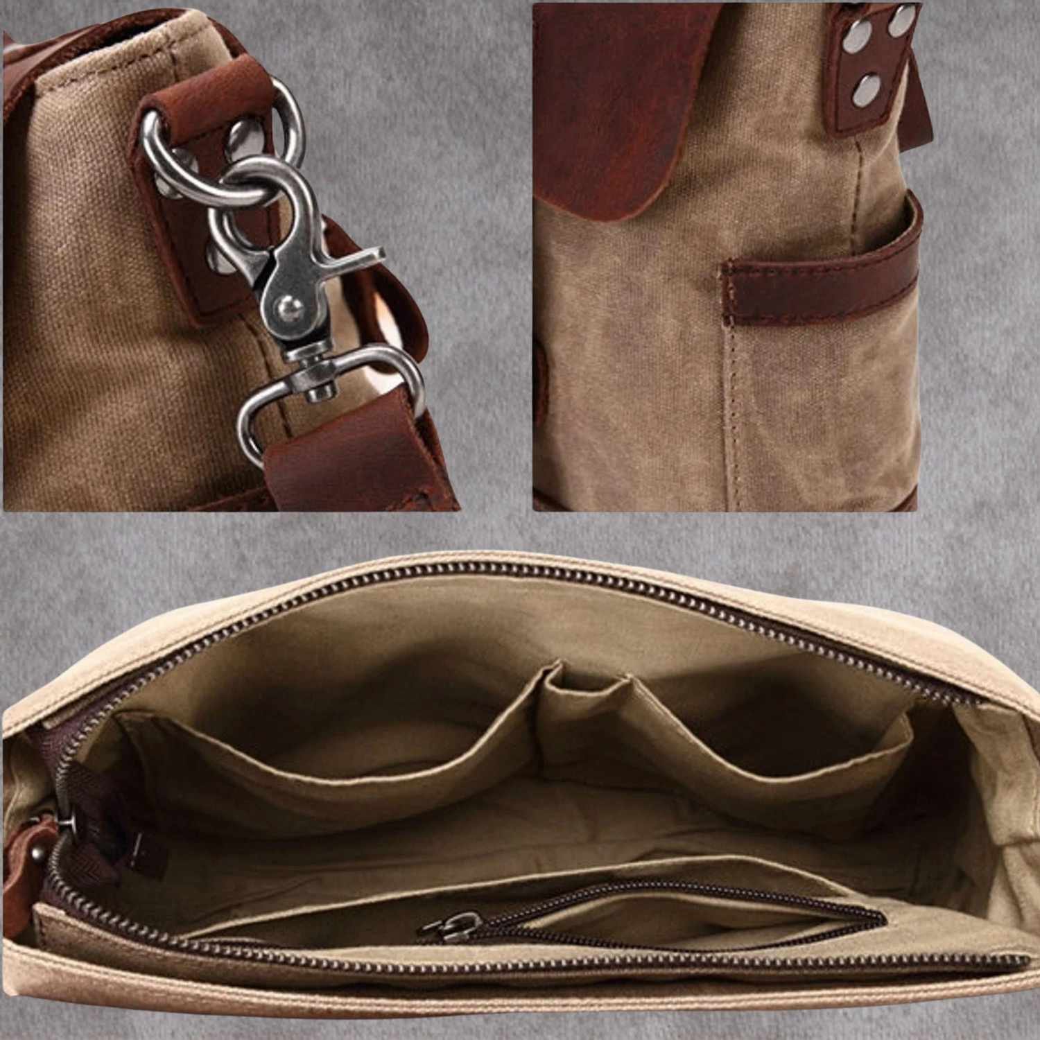 il_fullxfull.7206230967_tmn9 Vintage Men Briefcase Business Messenger Bag Waxed Canvas Office Crossbody Shoulder Bag with Genuine Leather Trims - Image 9