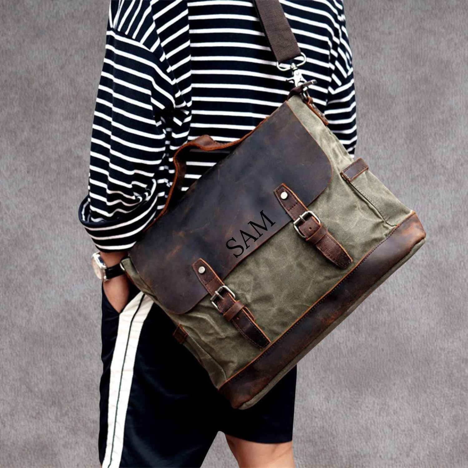 il_fullxfull.7206230981_1ot6 (1) Vintage Men Briefcase Business Messenger Bag Waxed Canvas Office Crossbody Shoulder Bag with Genuine Leather Trims - Image 10