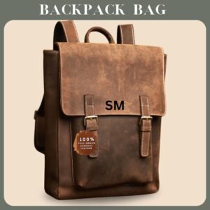 personalized full grain leather backpack: 18" college rucksack, rustic brown cowhide leather travel backpack bag for men anniversary gift